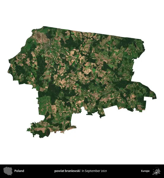 powiat braniewski. Polonya idari bölgesi, Eylül 2021 'de çekilen Kopernik Nöbetçi karolarından oluşan bir uydu görüntüsü üzerinde beyaza izole edildi.