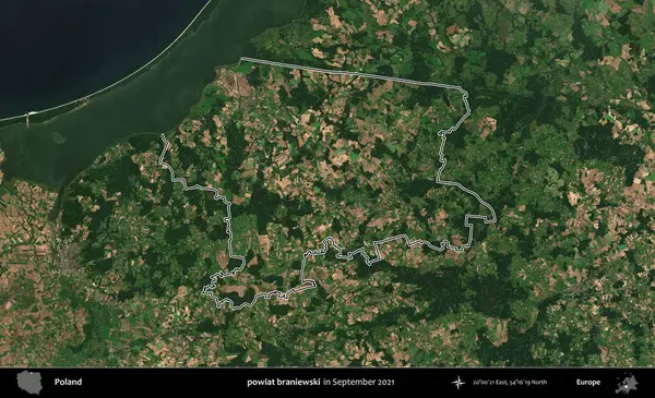 powiat braniewski. Eylül 2021 'de çekilen Copernicus Sentinel karolarından oluşan bir uydu görüntüsü üzerine Polonya' nın idari bölgesinin ana hatlarını belirledik.