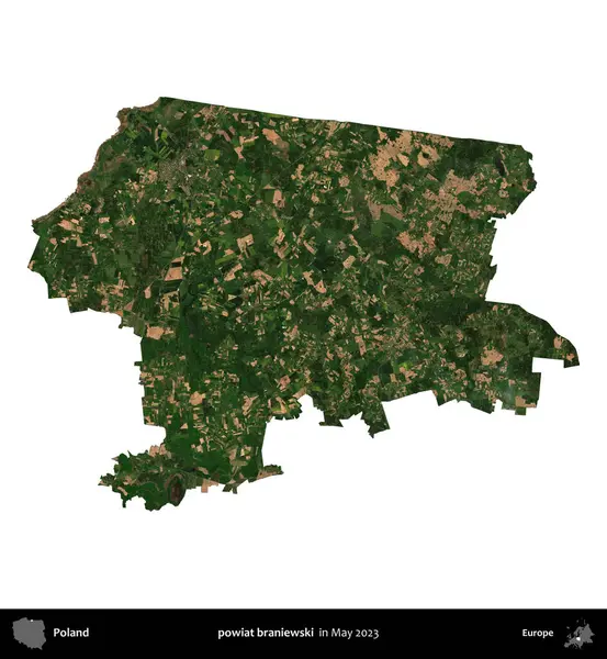 powiat braniewski. Polonya 'nın idari bölgesi, Mayıs 2023' te çekilen Kopernik Nöbetçi Fayanslarından oluşan bir uydu görüntüsüyle beyaza izole edildi.
