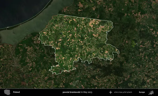 powiat braniewski. Polonya 'nın idari alanı, Mayıs 2023' te çekilen Kopernik Nöbetçi karolarından oluşan koyu renkli bir uydu görüntüsü üzerinde vurgulandı ve özetlendi.
