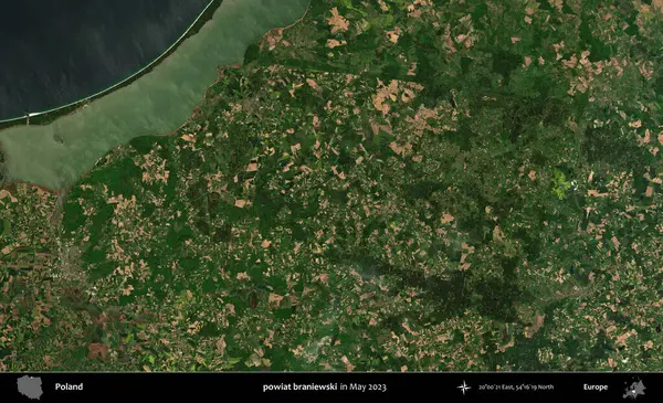 powiat braniewski. Copernicus Sentinel 'in Mayıs 2023' te çekilmiş uydu görüntüsü üzerine Polonya 'nın idari bölgesi.