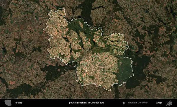 powiat brodnicki. Polonya 'nın idari alanı, Ekim 2018' de çekilen Kopernik Nöbetçi karolarından oluşan koyu renkli bir uydu görüntüsü üzerine vurgulandı ve özetlendi