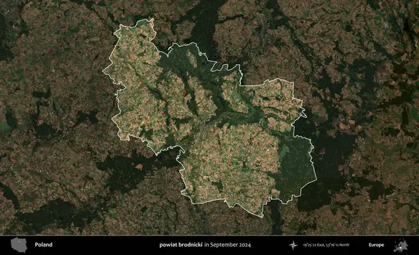 powiat brodnicki. Polonya 'nın idari alanı, Eylül 2024' te çekilen Kopernik Nöbetçi karolarından oluşan koyu renkli bir uydu görüntüsü üzerine vurgulandı ve özetlendi
