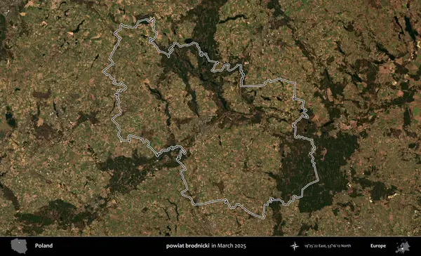 powiat brodnicki. Polonya 'nın idari bölgesinin ana hatları, Mart 2025' te çekilen Kopernik Nöbetçi karolarından oluşan bir uydu görüntüsü üzerine çizildi.