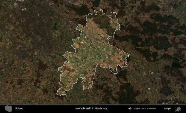 powiat brzeski. Polonya 'nın idari alanı, Mart 2025' te çekilen Kopernik Nöbetçi karolarından oluşan koyu renkli bir uydu görüntüsü üzerine vurgulandı ve özetlendi