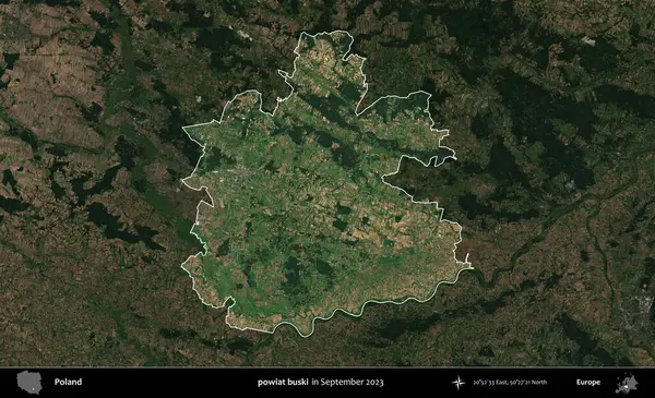 powiat buski. Polonya 'nın idari alanı, Eylül 2023' te çekilen Kopernik Nöbetçi karolarından oluşan koyu renkli bir uydu görüntüsü üzerine vurgulandı ve özetlendi.