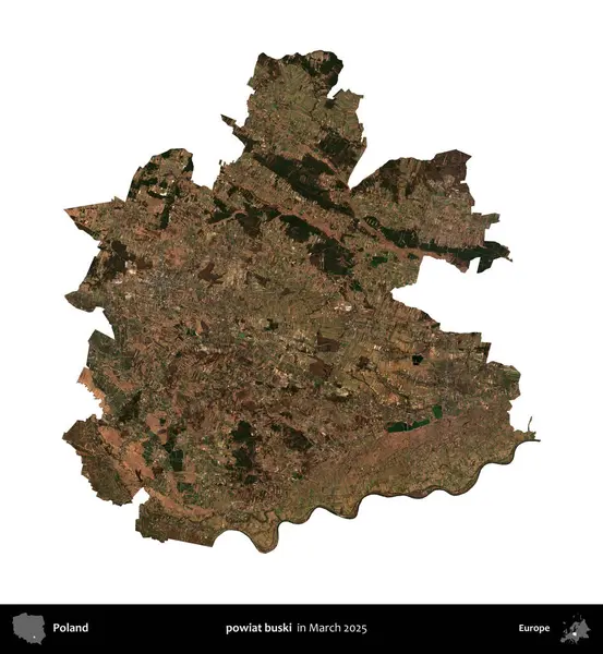 powiat buski. Polonya idari bölgesi, Mart 2025 'te çekilen Kopernik Nöbetçi karolarından oluşan bir uydu görüntüsü üzerinde beyaza izole edildi.