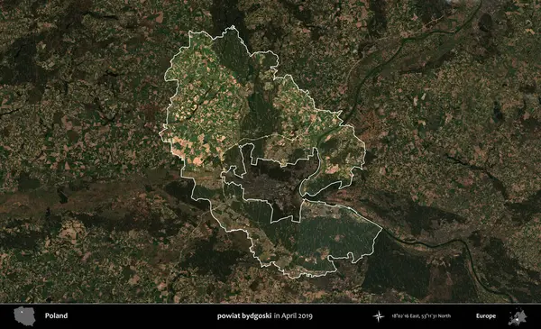powiat bydgoski. Polonya 'nın idari alanı, Nisan 2019' da çekilen Kopernik Nöbetçi karolarından oluşan koyu renkli bir uydu görüntüsü üzerine vurgulandı ve özetlendi.