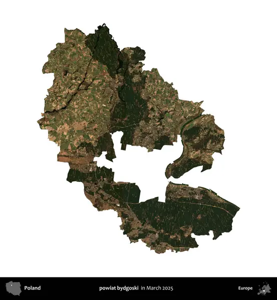 powiat bydgoski. Polonya idari bölgesi, Mart 2025 'te çekilen Kopernik Nöbetçi karolarından oluşan bir uydu görüntüsü üzerinde beyaza izole edildi.