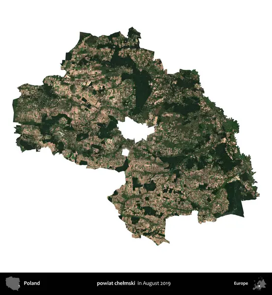 powiat chelmski. Polonya idari bölgesi, Ağustos 2019 'da çekilen Kopernik Nöbetçi karolarından oluşan bir uydu görüntüsü üzerinde beyaza izole edildi.