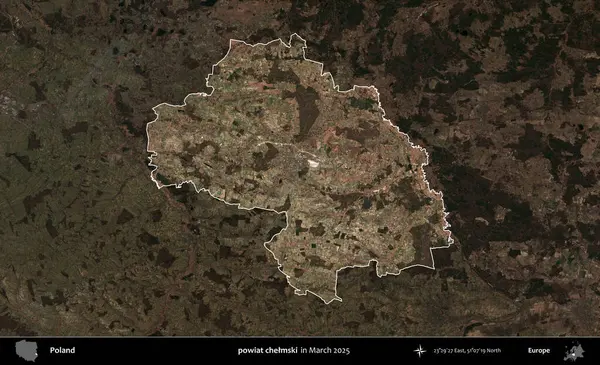 powiat chelmski. Polonya 'nın idari alanı, Mart 2025' te çekilen Kopernik Nöbetçi karolarından oluşan koyu renkli bir uydu görüntüsü üzerine vurgulandı ve özetlendi