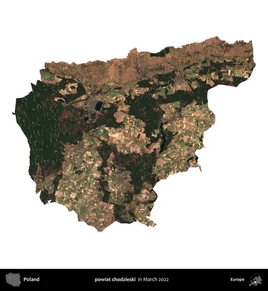 powiat chodzieski. Polonya idari bölgesi, Mart 2022 'de çekilen Kopernik Nöbetçi karolarından oluşan bir uydu görüntüsü üzerinde beyaza izole edildi.