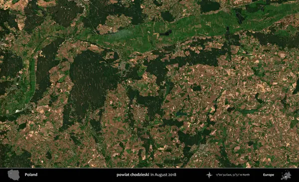powiat chodzieski. Copernicus Sentinel 'in Ağustos 2018' de çekilmiş uydu görüntüsü üzerine Polonya 'nın idari bölgesi