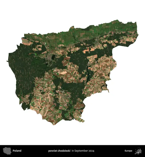 powiat chodzieski. Polonya idari bölgesi, Eylül 2024 'te çekilen Kopernik Nöbetçi karolarından oluşan bir uydu görüntüsü üzerinde beyaza izole edildi.