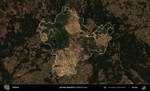 powiat chojnicki. Polonya 'nın idari alanı, Mart 2022' de çekilen Kopernik Nöbetçi karolarından oluşan koyu renkli bir uydu görüntüsü üzerine vurgulandı ve özetlendi.