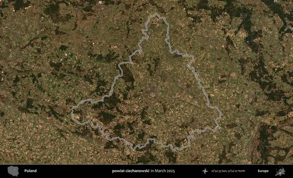 powiat ciechanowski. Polonya 'nın idari bölgesinin ana hatları, Mart 2025' te çekilen Kopernik Nöbetçi karolarından oluşan bir uydu görüntüsü üzerine çizildi.