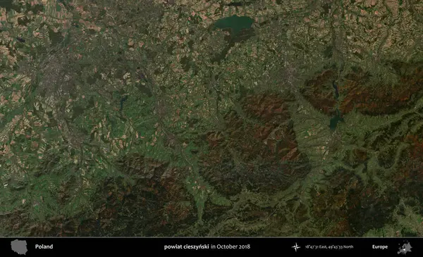 powiat cieszynski. Polonya 'nın idari bölgesi, Ekim 2018' de çekilen Kopernik Sentinel karolarından oluşan bir uydu görüntüsü üzerine kurulmuştur.