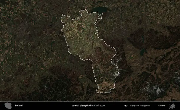 powiat cieszynski. Polonya 'nın idari alanı, Nisan 2020' de çekilen Kopernik Nöbetçi karolarından oluşan koyu renkli bir uydu görüntüsü üzerine vurgulandı ve özetlendi