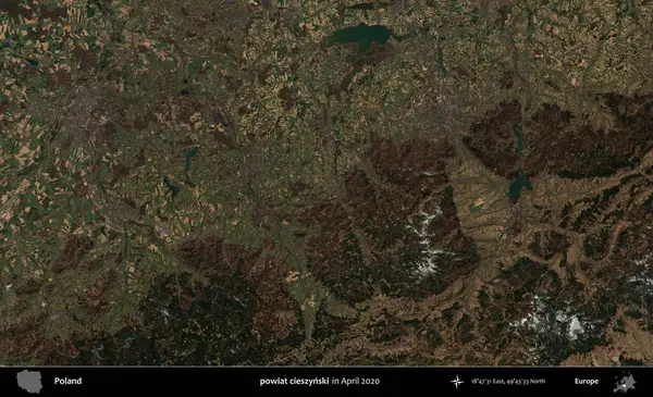 powiat cieszynski. Nisan 2020 'de Copernicus Sentinel karolarından oluşan bir uydu görüntüsü üzerine Polonya' nın idari bölgesi