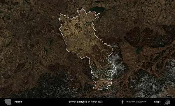 powiat cieszynski. Polonya 'nın idari alanı, Mart 2022' de çekilen Kopernik Nöbetçi karolarından oluşan koyu renkli bir uydu görüntüsü üzerine vurgulandı ve özetlendi.