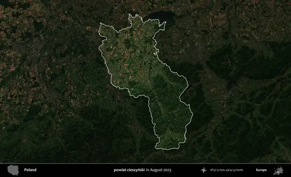 powiat cieszynski. Polonya 'nın idari alanı, Ağustos 2023' te çekilen Kopernik Nöbetçi karolarından oluşan koyu renkli bir uydu görüntüsü üzerine vurgulandı ve özetlendi.