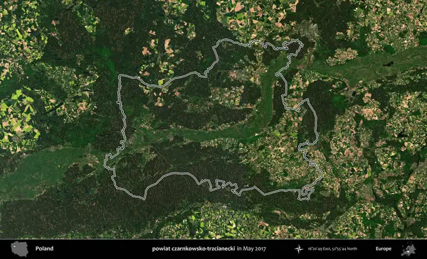 powiat czarnkowsko-trzcianecki. Mayıs 2017 'de çekilen Kopernik Nöbetçi karolarından oluşan bir uydu görüntüsü üzerine Polonya' nın idari bölgesinin ana hatlarını belirledik.
