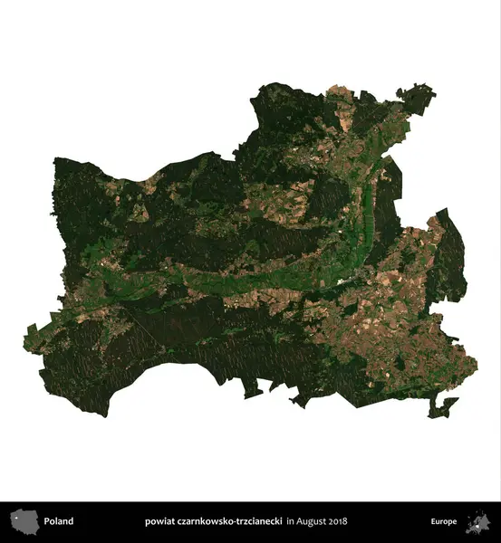 powiat czarnkowsko-trzcianecki. Polonya idari bölgesi, Ağustos 2018 'de çekilen Kopernik Nöbetçi karolarından oluşan bir uydu görüntüsü üzerinde beyaza izole edildi.