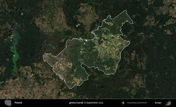 gmina Czersk. Polonya 'nın idari alanı, Eylül 2023' te çekilen Kopernik Nöbetçi karolarından oluşan koyu renkli bir uydu görüntüsü üzerine vurgulandı ve özetlendi.