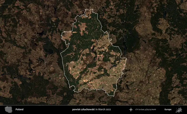 powiat czluchowski. Polonya 'nın idari alanı, Mart 2022' de çekilen Kopernik Nöbetçi karolarından oluşan koyu renkli bir uydu görüntüsü üzerine vurgulandı ve özetlendi.