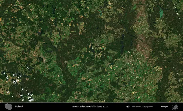 powiat czluchowski. Copernicus Sentinel 'in Haziran 2022' de çekilmiş uydu görüntüsü üzerine Polonya 'nın idari bölgesi.
