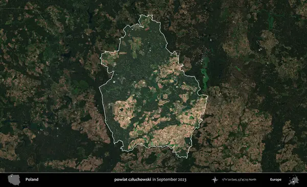 powiat czluchowski. Polonya 'nın idari alanı, Eylül 2023' te çekilen Kopernik Nöbetçi karolarından oluşan koyu renkli bir uydu görüntüsü üzerine vurgulandı ve özetlendi.