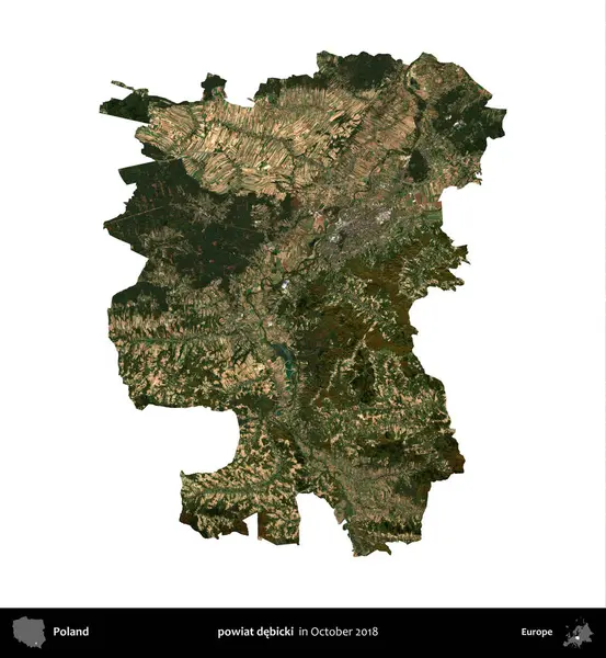 powiat debicki. Polonya idari bölgesi, Ekim 2018 'de çekilen Kopernik Nöbetçi karolarından oluşan bir uydu görüntüsü üzerinde beyaza izole edildi.