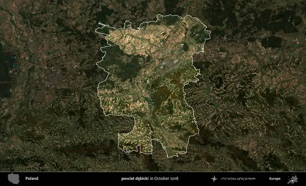 powiat debicki. Polonya 'nın idari alanı, Ekim 2018' de çekilen Kopernik Nöbetçi karolarından oluşan koyu renkli bir uydu görüntüsü üzerine vurgulandı ve özetlendi