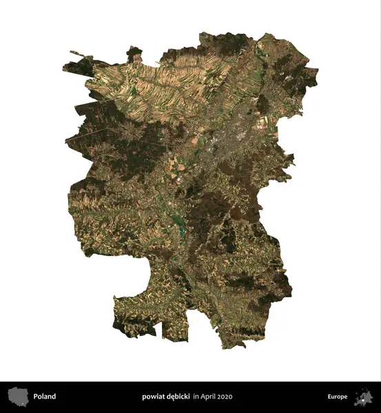 powiat debicki. Polonya idari bölgesi, Nisan 2020 'de çekilen Kopernik Nöbetçi karolarından oluşan bir uydu görüntüsü üzerinde beyaza izole edildi.