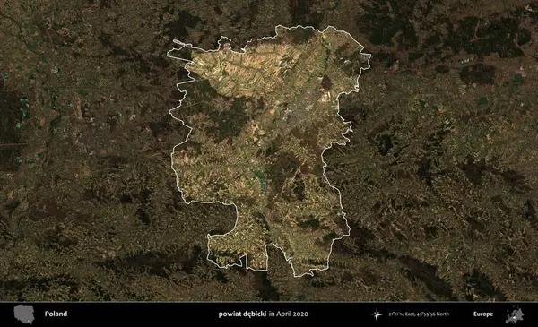 powiat debicki. Polonya 'nın idari alanı, Nisan 2020' de çekilen Kopernik Nöbetçi karolarından oluşan koyu renkli bir uydu görüntüsü üzerine vurgulandı ve özetlendi