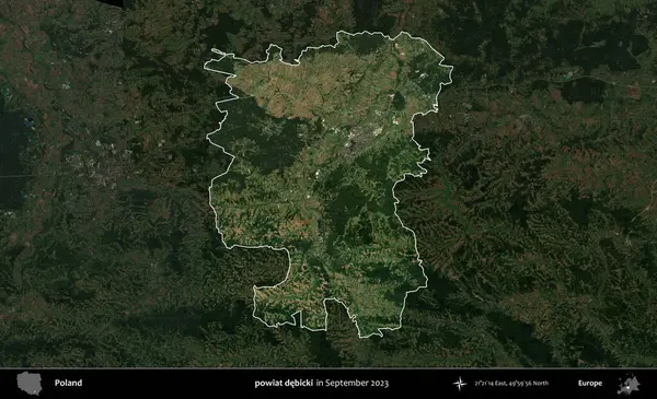 powiat debicki. Polonya 'nın idari alanı, Eylül 2023' te çekilen Kopernik Nöbetçi karolarından oluşan koyu renkli bir uydu görüntüsü üzerine vurgulandı ve özetlendi.