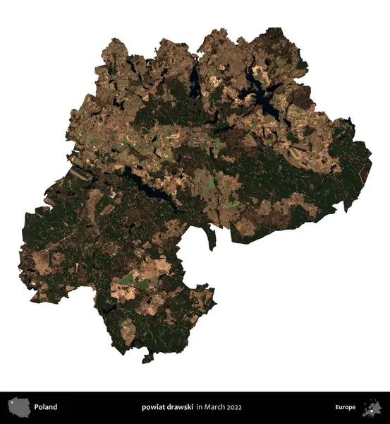 powiat drawski. Polonya idari bölgesi, Mart 2022 'de çekilen Kopernik Nöbetçi karolarından oluşan bir uydu görüntüsü üzerinde beyaza izole edildi.