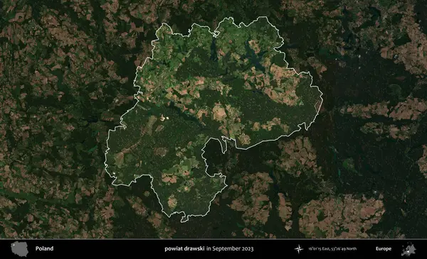 powiat drawski. Polonya 'nın idari alanı, Eylül 2023' te çekilen Kopernik Nöbetçi karolarından oluşan koyu renkli bir uydu görüntüsü üzerine vurgulandı ve özetlendi.