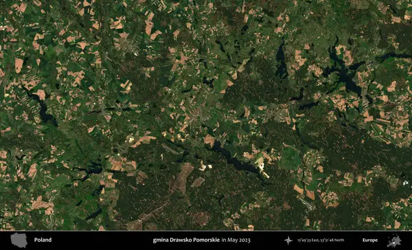 gmina Drawsko Pomorskie. Copernicus Sentinel 'in Mayıs 2023' te çekilmiş uydu görüntüsü üzerine Polonya 'nın idari bölgesi.