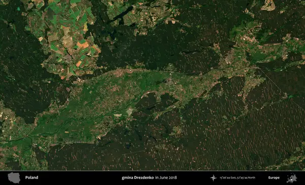gmina Drezdenko. Copernicus Sentinel 'in Haziran 2018' de çekilmiş uydu görüntüsü üzerine Polonya 'nın idari bölgesi