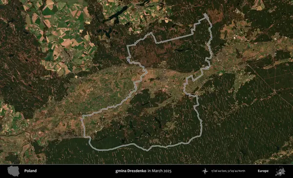 gmina Drezdenko. Polonya 'nın idari bölgesinin ana hatları, Mart 2025' te çekilen Kopernik Nöbetçi karolarından oluşan bir uydu görüntüsü üzerine çizildi.
