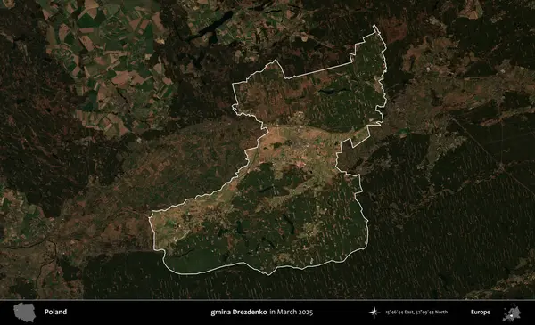 gmina Drezdenko. Polonya 'nın idari alanı, Mart 2025' te çekilen Kopernik Nöbetçi karolarından oluşan koyu renkli bir uydu görüntüsü üzerine vurgulandı ve özetlendi