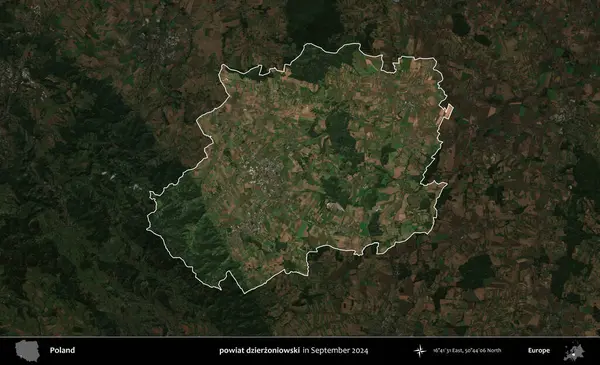 powiat dzierzoniowski. Polonya 'nın idari alanı, Eylül 2024' te çekilen Kopernik Nöbetçi karolarından oluşan koyu renkli bir uydu görüntüsü üzerine vurgulandı ve özetlendi