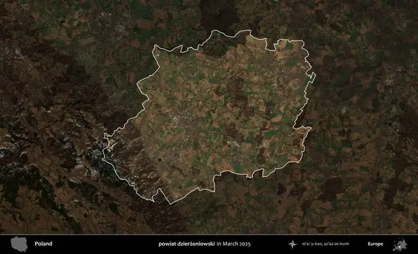 powiat dzierzoniowski. Polonya 'nın idari alanı, Mart 2025' te çekilen Kopernik Nöbetçi karolarından oluşan koyu renkli bir uydu görüntüsü üzerine vurgulandı ve özetlendi