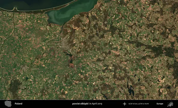powiat elblaski. Nisan 2019 'da çekilen Kopernik Sentinel karolarından oluşan bir uydu görüntüsü üzerine Polonya' nın idari bölgesi
