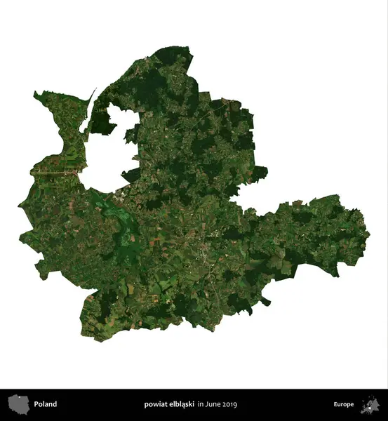 powiat elblaski. Polonya idari bölgesi, Haziran 2019 'da çekilen Kopernik Nöbetçi karolarından oluşan bir uydu görüntüsü üzerinde beyaza izole edildi.