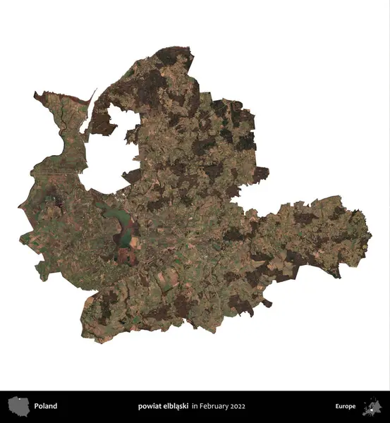 powiat elblaski. Polonya idari bölgesi, Şubat 2022 'de çekilen Kopernik Nöbetçi karolarından oluşan bir uydu görüntüsü üzerinde beyaza izole edildi.