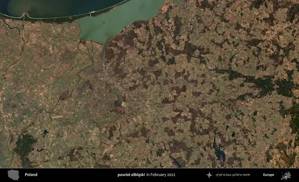 powiat elblaski. Polonya 'nın idari bölgesi, Şubat 2022' de çekilen Kopernik Sentinel karolarından oluşan bir uydu görüntüsü üzerine kurulmuştur.