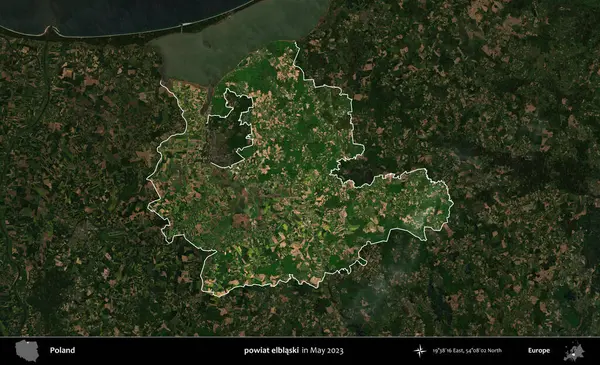powiat elblaski. Polonya 'nın idari alanı, Mayıs 2023' te çekilen Kopernik Nöbetçi karolarından oluşan koyu renkli bir uydu görüntüsü üzerinde vurgulandı ve özetlendi.