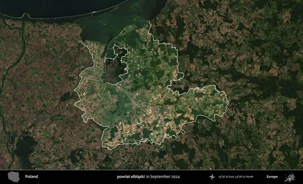 powiat elblaski. Polonya 'nın idari alanı, Eylül 2024' te çekilen Kopernik Nöbetçi karolarından oluşan koyu renkli bir uydu görüntüsü üzerine vurgulandı ve özetlendi